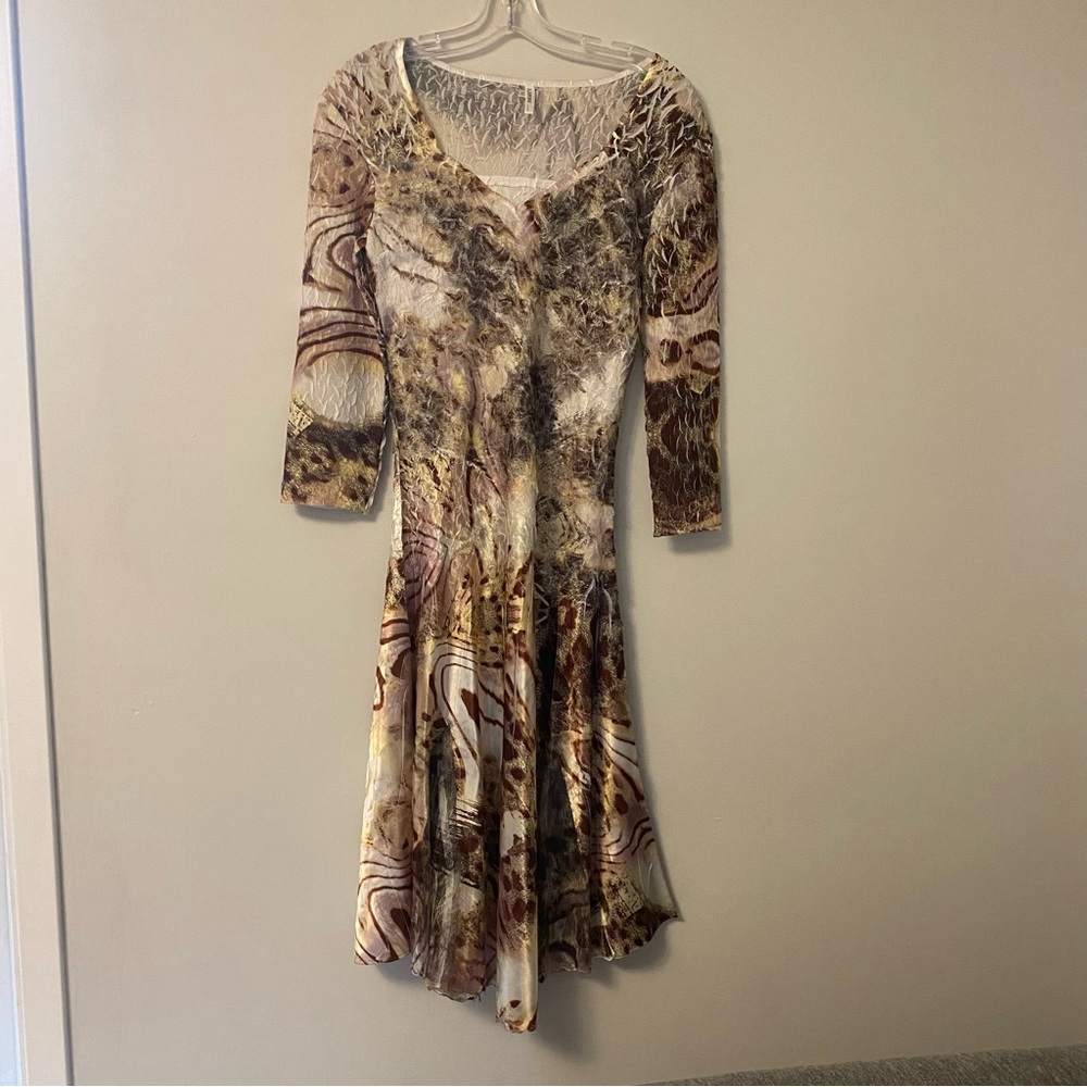 Lindi Vintage Size Med Brown and Yellow Fit and Flare Maxi Dress Lace Panels EUC